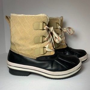 Duck boots, faux fur lined, leather; tan/black; women's size 8